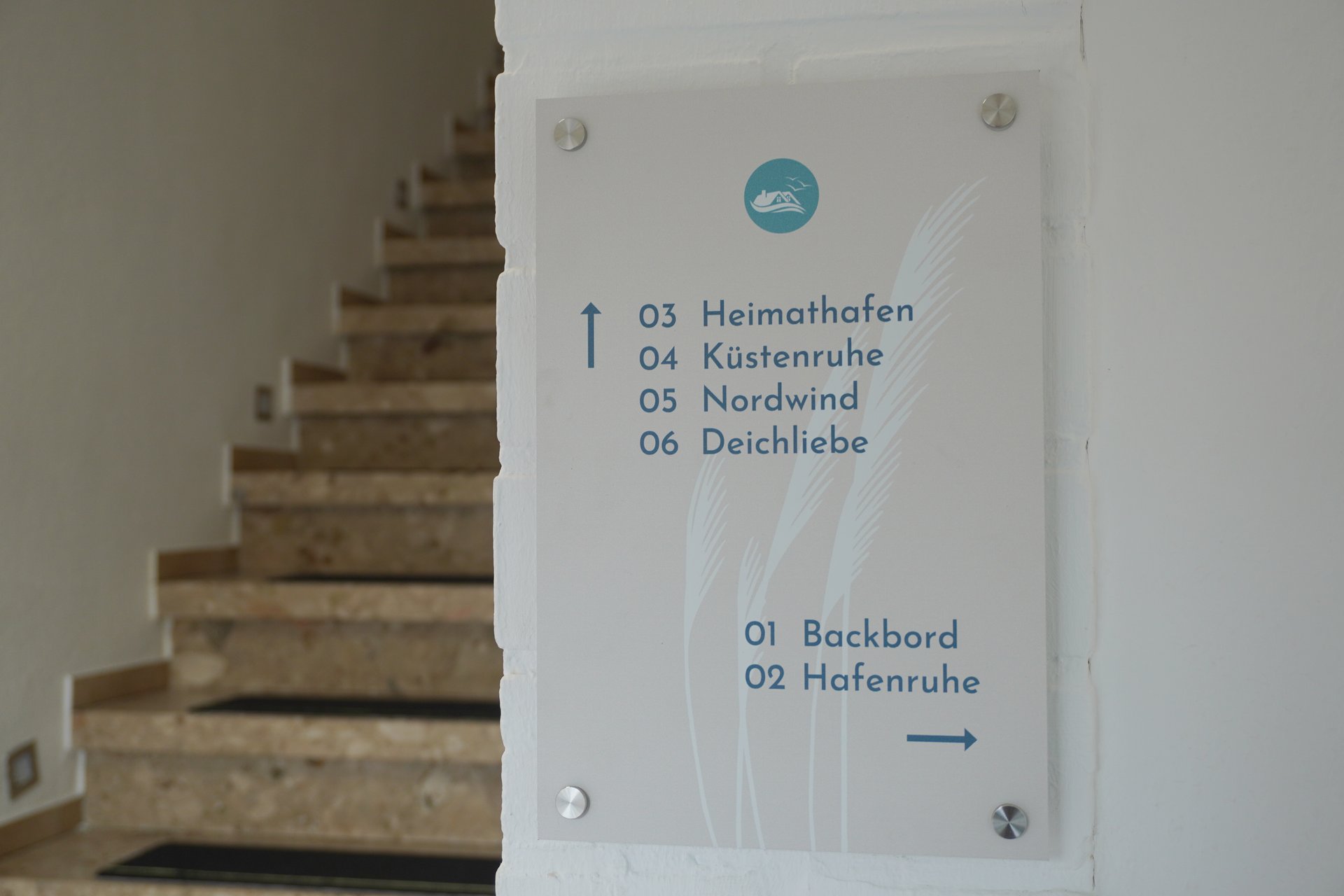 Wegweiser zu den Zimmern im Treppenhaus der Pension ElbKate in Glückstadt