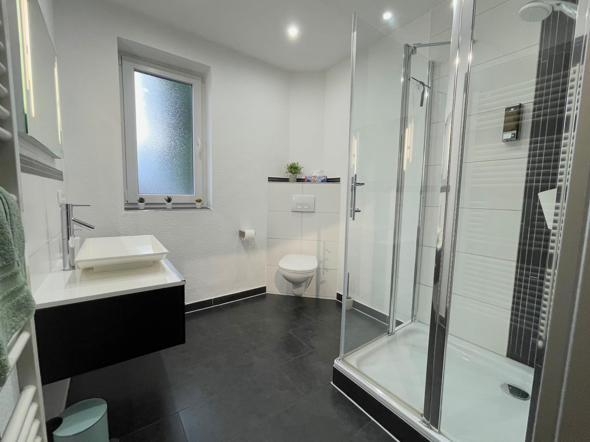 Bad mit Dusche im Zimmer Deichliebe der Pension ElbKate in Glückstadt